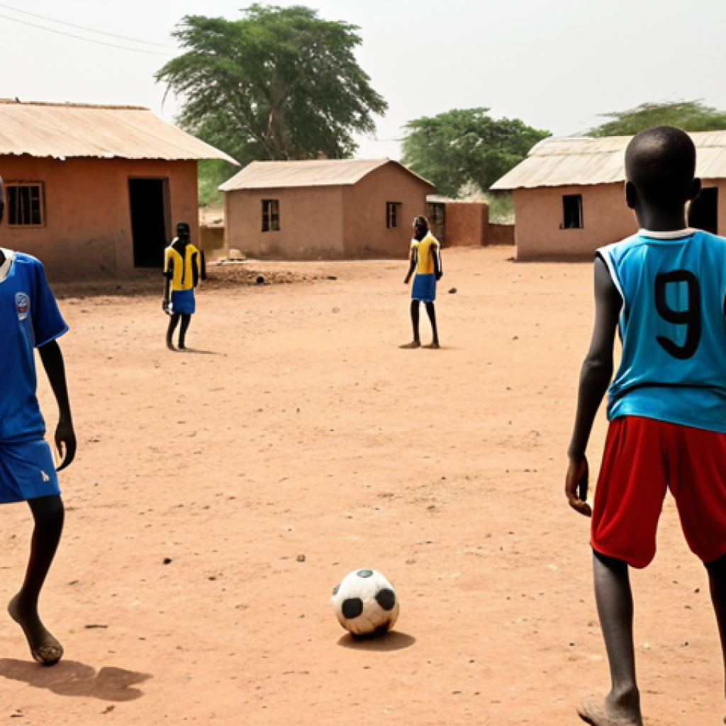 **

A dynamic, vibrant photo of young South Sudanese boys playing football on a dusty field in a rural village. In the background, simple homes are visible. The boys are wearing mismatched football jerseys and are intensely focused on the game. Capture the energy and hope in their faces, emphasizing the contrast between their challenging environment and their dreams of a better future through football. Bright, warm lighting.

**