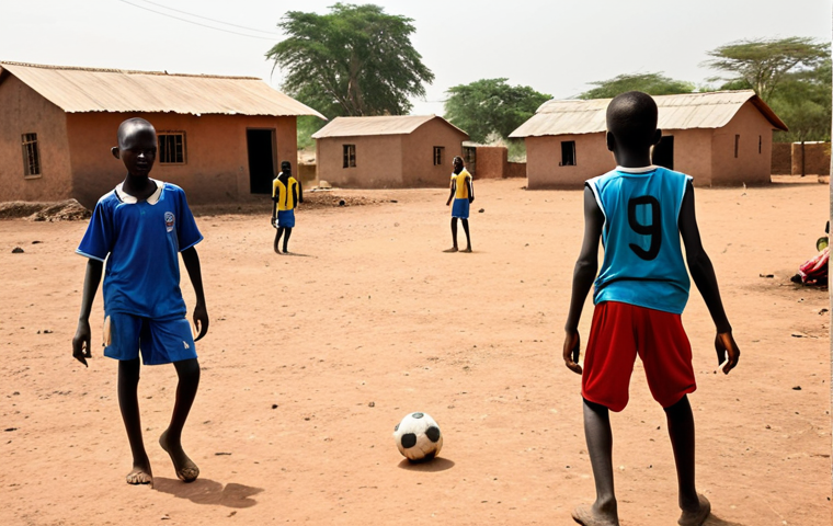 **

A dynamic, vibrant photo of young South Sudanese boys playing football on a dusty field in a rural village. In the background, simple homes are visible. The boys are wearing mismatched football jerseys and are intensely focused on the game. Capture the energy and hope in their faces, emphasizing the contrast between their challenging environment and their dreams of a better future through football. Bright, warm lighting.

**