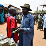 **

A chaotic marketplace scene in Juba, South Sudan. Currency traders are frantically exchanging South Sudanese Pounds (SSP) and US Dollars. Emphasize the desperation and uncertainty in their faces. In the background, hints of political instability: perhaps a distant protest or military presence. The overall tone should be gritty and realistic, reflecting the economic hardship and volatility of the South Sudanese Pound. Reference Russian financial news aesthetics for visual style (e.g., font choices, lower thirds).

**