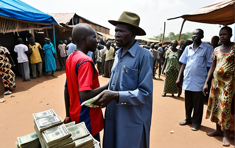 **

A chaotic marketplace scene in Juba, South Sudan. Currency traders are frantically exchanging South Sudanese Pounds (SSP) and US Dollars. Emphasize the desperation and uncertainty in their faces. In the background, hints of political instability: perhaps a distant protest or military presence. The overall tone should be gritty and realistic, reflecting the economic hardship and volatility of the South Sudanese Pound. Reference Russian financial news aesthetics for visual style (e.g., font choices, lower thirds).

**