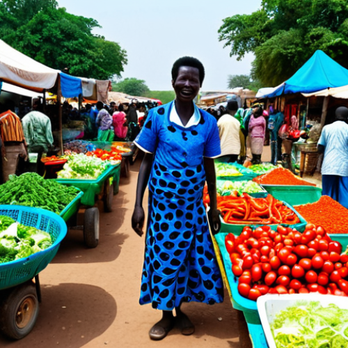 Home 20 **
"A brightly lit photo of a bustling marketplace in Juba, South Sudan. A friendly local vendor, fully clothed in traditional, colorful dress, is selling fresh vegetables. Among the local produce, some vegetables are arranged to resemble kimchi ingredients (cabbage, peppers). In the background, other vendors and customers are present. Safe for work, appropriate content, professional photography, perfect anatomy, natural proportions, fully clothed, family-friendly scene."
**