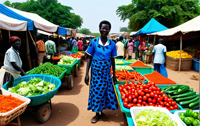 **

"A brightly lit photo of a bustling marketplace in Juba, South Sudan. A friendly local vendor, fully clothed in traditional, colorful dress, is selling fresh vegetables. Among the local produce, some vegetables are arranged to resemble kimchi ingredients (cabbage, peppers). In the background, other vendors and customers are present. Safe for work, appropriate content, professional photography, perfect anatomy, natural proportions, fully clothed, family-friendly scene."

**