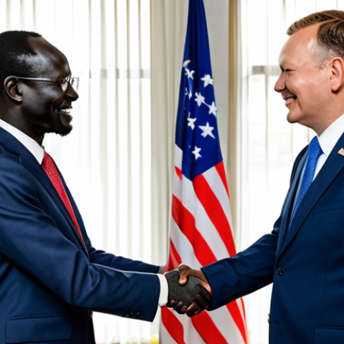 Home 19 **
"A professional diplomat, fully clothed in a modest business suit, shaking hands with a South Sudanese government official in a modern office setting. Flags of the United States and South Sudan are subtly displayed in the background. The scene conveys international cooperation and partnership. Safe for work, appropriate content, perfect anatomy, natural proportions, professional lighting, high quality image."
**