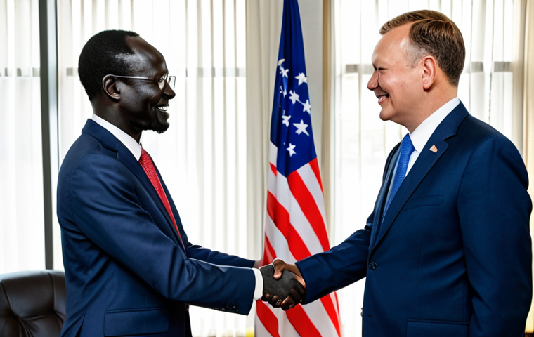 **

"A professional diplomat, fully clothed in a modest business suit, shaking hands with a South Sudanese government official in a modern office setting. Flags of the United States and South Sudan are subtly displayed in the background. The scene conveys international cooperation and partnership. Safe for work, appropriate content, perfect anatomy, natural proportions, professional lighting, high quality image."

**
