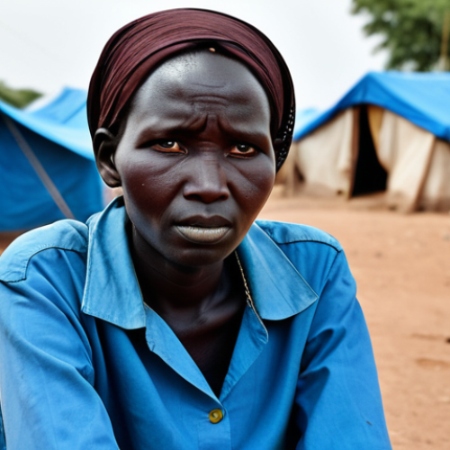 Home 8 Hope Amidst Despair**
A fully clothed woman, displaced from her village in South Sudan, sits amidst a refugee camp. She is wearing modest clothing suitable for the climate. In the background, tents and other displaced people can be seen. Her expression is weary but determined. Focus on her face and the textures of her clothing. safe for work, appropriate content, professional, perfect anatomy, correct proportions, natural pose, well-formed hands.
**