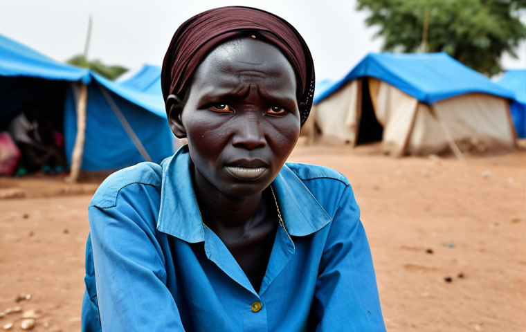 Hope Amidst Despair**

A fully clothed woman, displaced from her village in South Sudan, sits amidst a refugee camp. She is wearing modest clothing suitable for the climate. In the background, tents and other displaced people can be seen. Her expression is weary but determined. Focus on her face and the textures of her clothing. safe for work, appropriate content, professional, perfect anatomy, correct proportions, natural pose, well-formed hands.

**