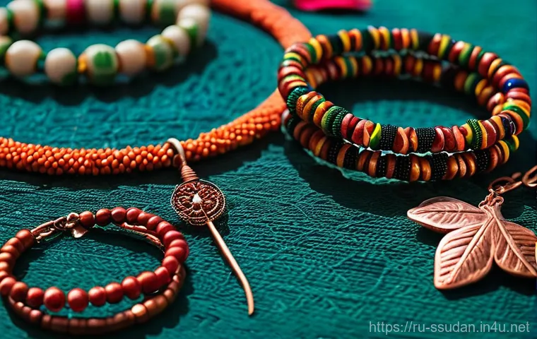 남수단의 공예품 및 기념품 - **Prompt:** A close-up, macro shot of vibrant and intricately designed traditional South Sudanese be...