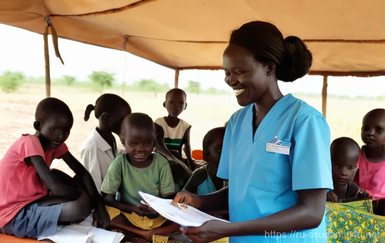 남수단에서의 봉사 활동 경험담 - **Prompt:** A vibrant and bustling street scene in Juba, South Sudan, at dusk. The warm, dusty air i...
