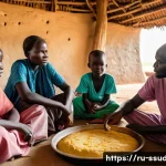Home 12 남수단 대표 요리 - **A South Sudanese family sharing a meal together.** The scene depicts a warm, humble home in South ...
