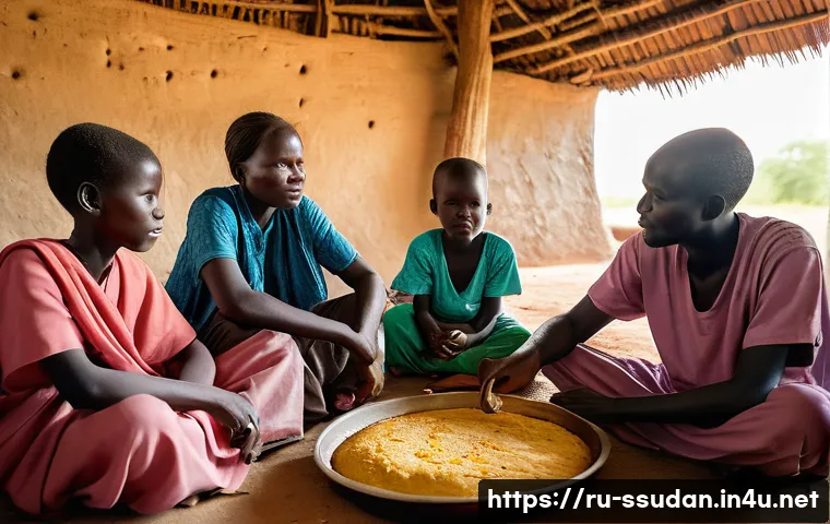 남수단 대표 요리 - **A South Sudanese family sharing a meal together.** The scene depicts a warm, humble home in South ...