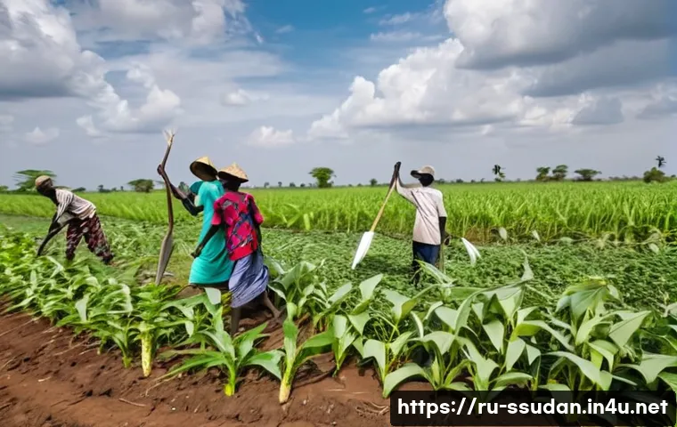 남수단 주요 산업 - A vibrant rural South Sudanese farming scene near Juba, showing local farmers wearing simple clothin...