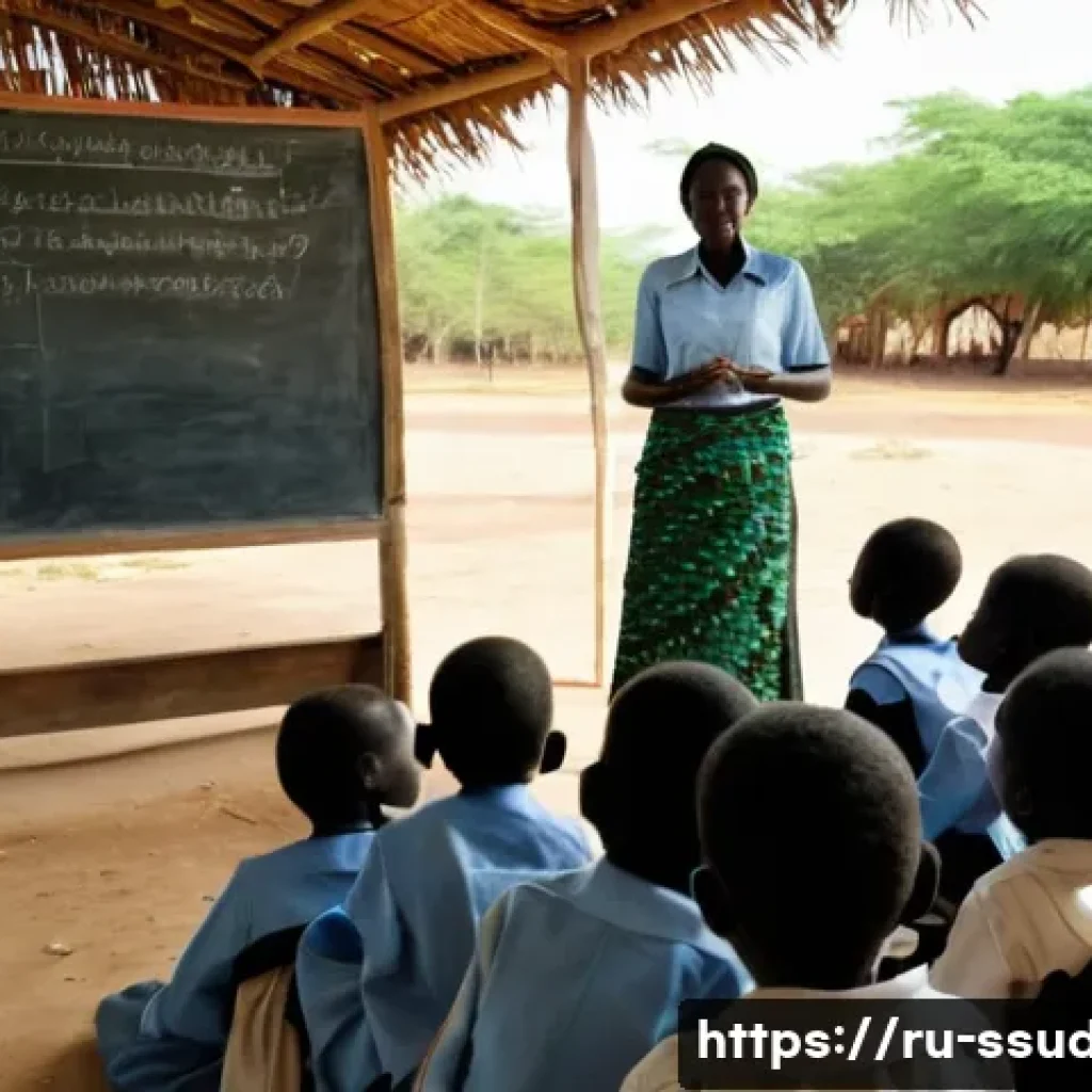남수단 NGO 활동 - A vibrant scene of a rural South Sudanese classroom set inside a temporary learning center made of n...