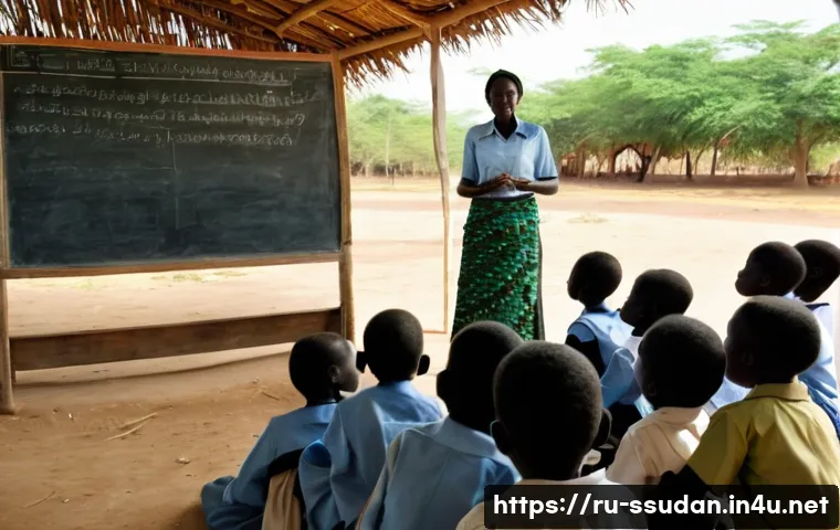 남수단 NGO 활동 - A vibrant scene of a rural South Sudanese classroom set inside a temporary learning center made of n...