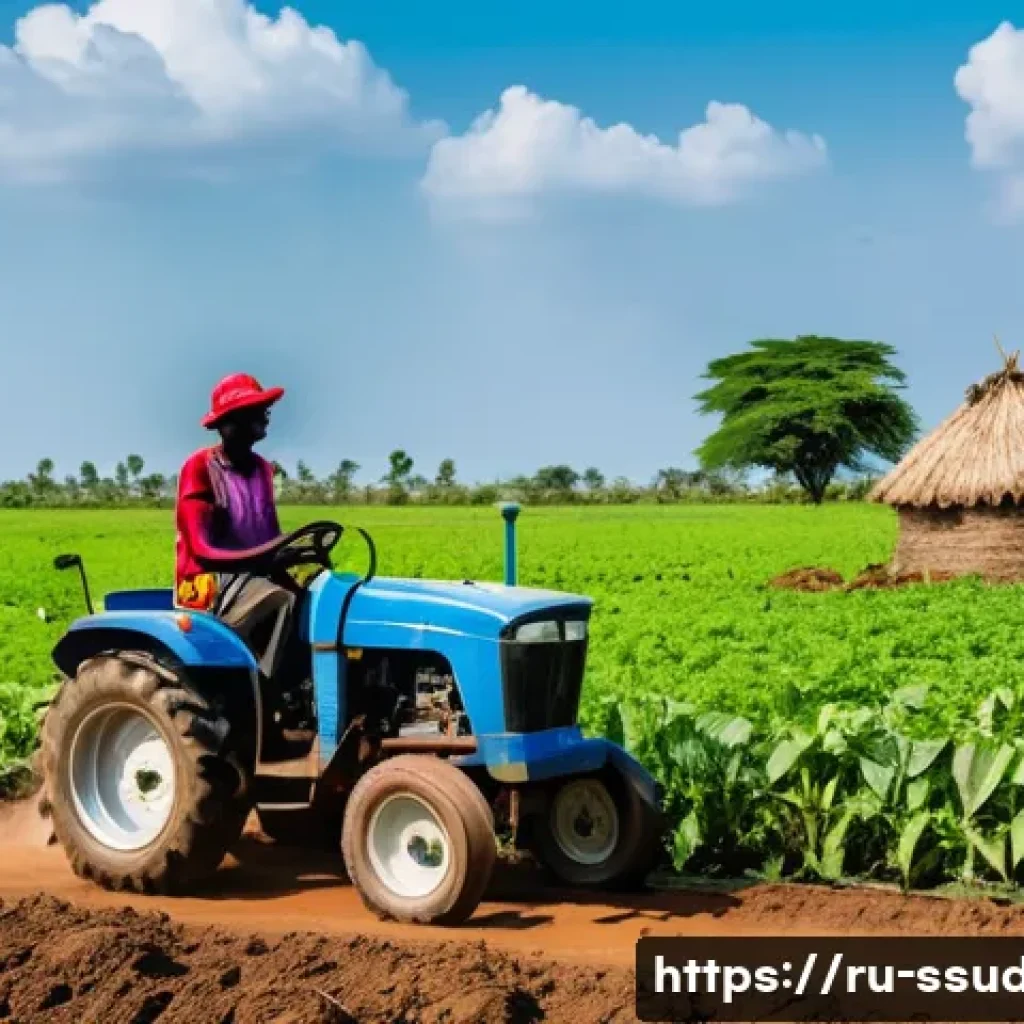 남수단의 농업 개혁 프로그램 - A vibrant rural scene in South Sudan showcasing a farmer operating a small tractor in a sunlit field...