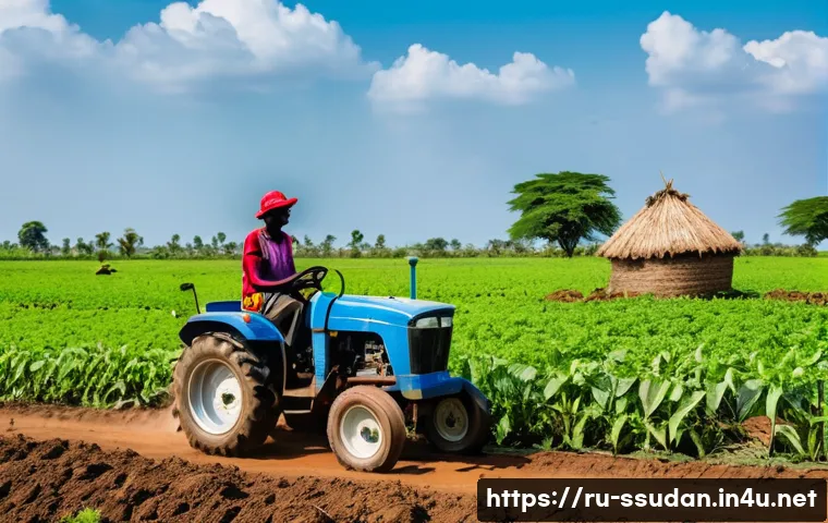 남수단의 농업 개혁 프로그램 - A vibrant rural scene in South Sudan showcasing a farmer operating a small tractor in a sunlit field...