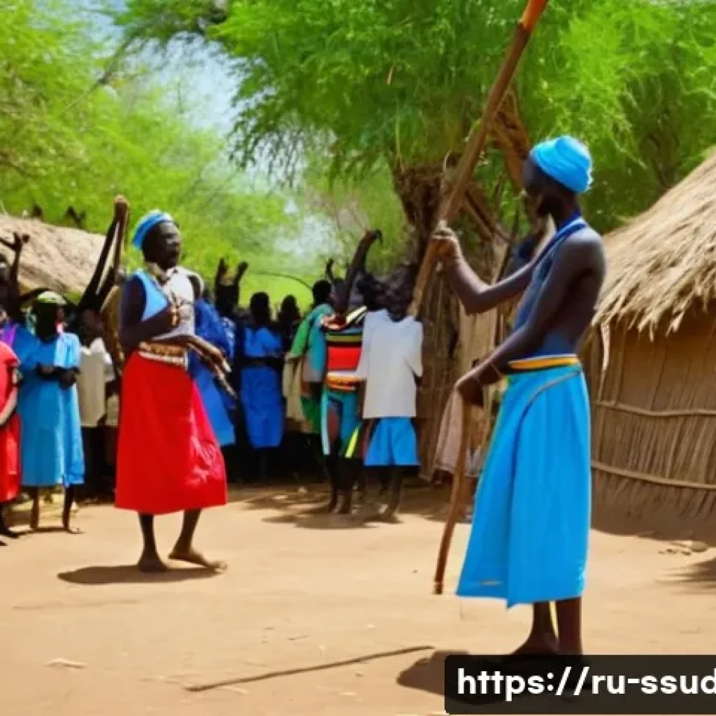 남수단과 중앙아프리카공화국 비교 - A vibrant traditional South Sudanese village scene featuring Dinka and Nuer ethnic groups engaging i...