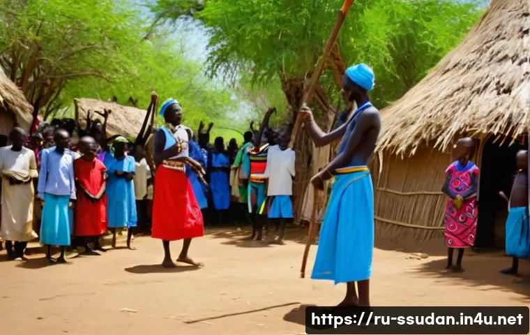 남수단과 중앙아프리카공화국 비교 - A vibrant traditional South Sudanese village scene featuring Dinka and Nuer ethnic groups engaging i...