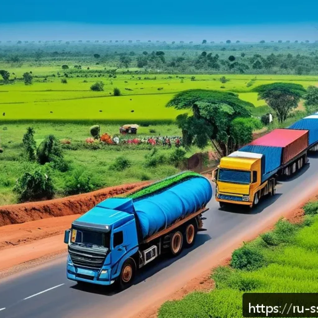 남수단과 케냐 무역 - A vibrant scene depicting the improved transportation corridor between South Sudan and Kenya: a mode...