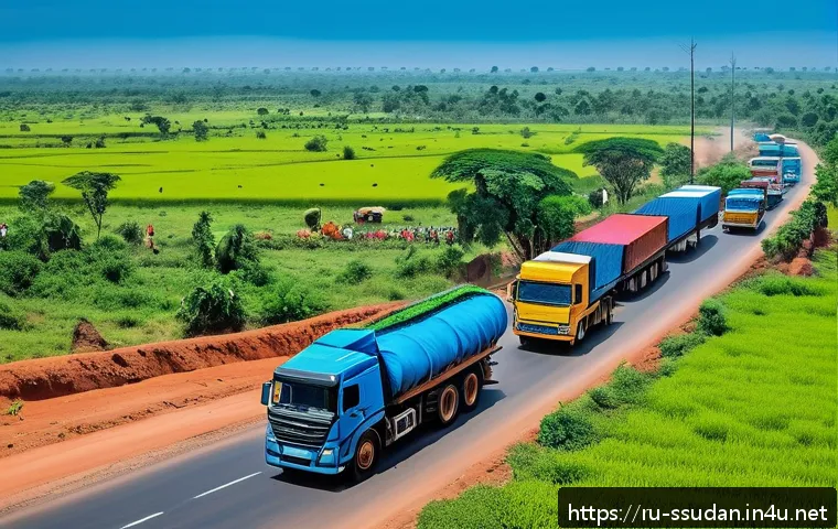 남수단과 케냐 무역 - A vibrant scene depicting the improved transportation corridor between South Sudan and Kenya: a mode...
