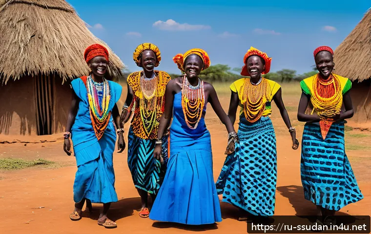 남수단 주요 민족 - A vibrant South Sudanese village scene during a traditional ceremony, featuring women dressed in col...