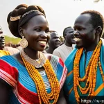 Home 18 남수단의 결혼 풍습 - A vibrant South Sudanese wedding scene featuring the bride dressed in a traditional bright, patterne...