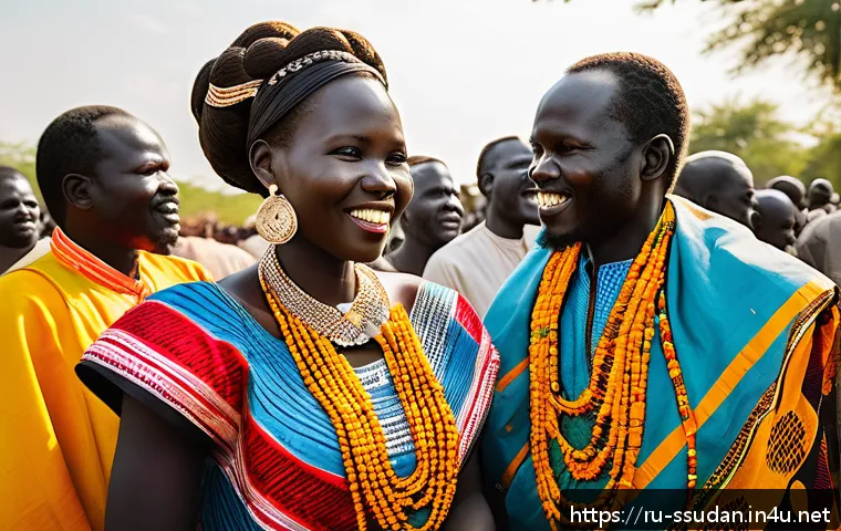 남수단의 결혼 풍습 - A vibrant South Sudanese wedding scene featuring the bride dressed in a traditional bright, patterne...