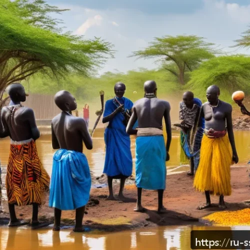 Home 17 남수단 신화와 전설 - A vibrant scene depicting a traditional South Sudanese village ritual at a sacred water source durin...