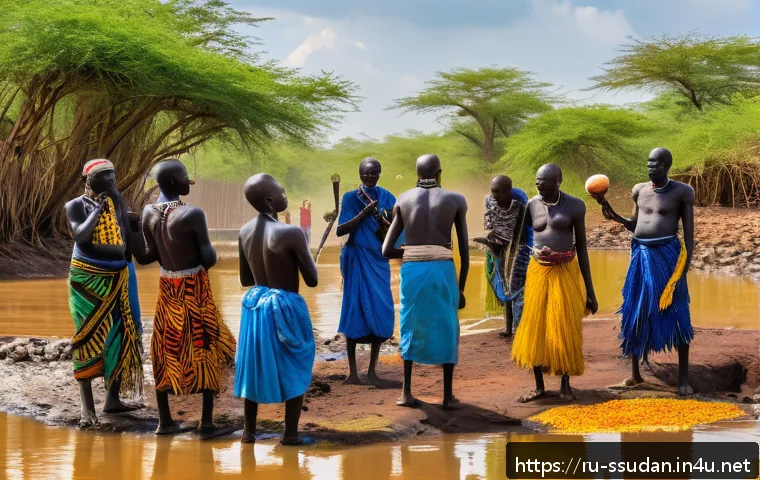 남수단 신화와 전설 - A vibrant scene depicting a traditional South Sudanese village ritual at a sacred water source durin...
