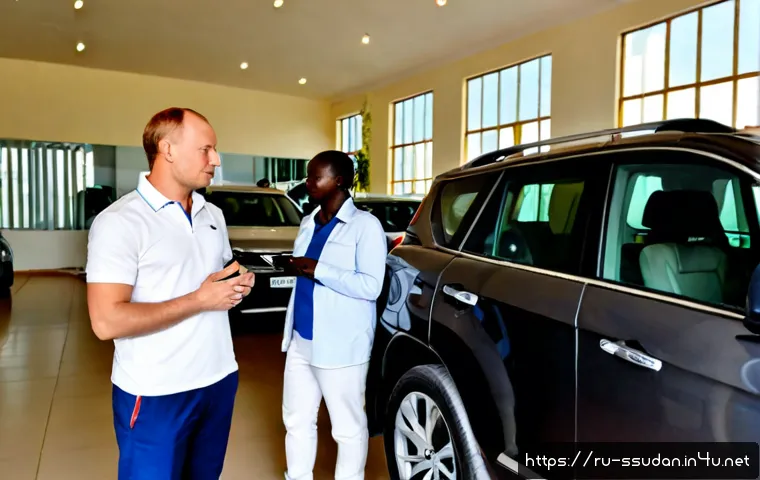 남수단에서 자동차 구입 - Photorealistic wide-angle scene inside a modern car dealership in Juba, South Sudan, a Russian-speak...